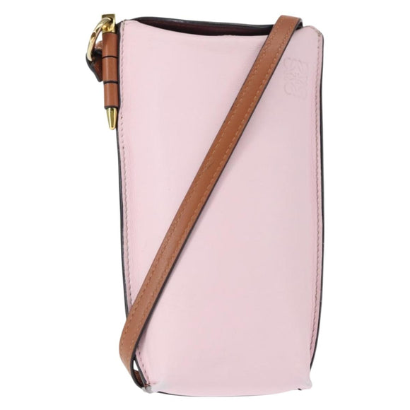 LOEWE Anagram Phone Shoulder Pouch Leather Gold Pink Orange Auth 146048