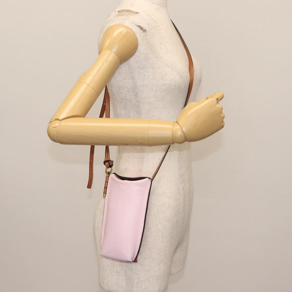 LOEWE Anagram Phone Shoulder Pouch Leather Gold Pink Orange Auth 146048