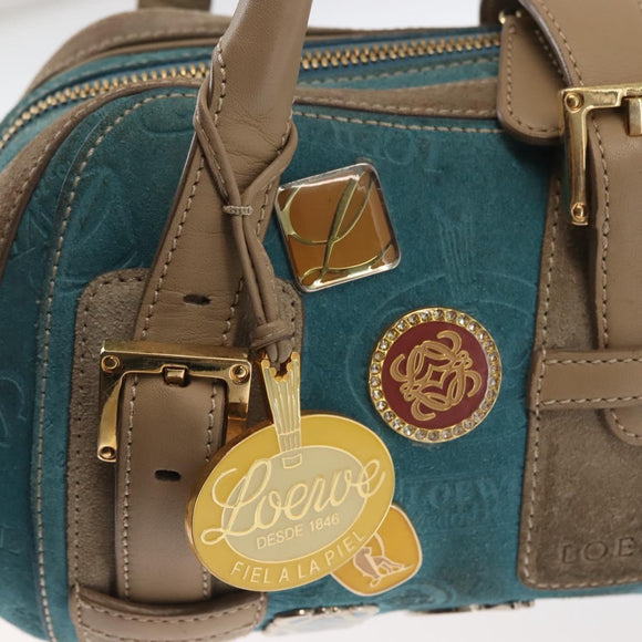 LOEWE 160th Anniversary Model Hand Bag Suede Turquoise Blue Gold Auth 146049V