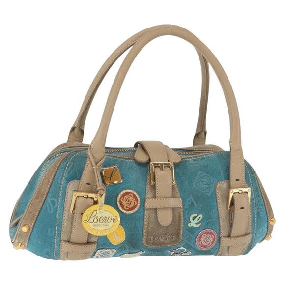 LOEWE 160th Anniversary Model Hand Bag Suede Turquoise Blue Gold Auth 146049V