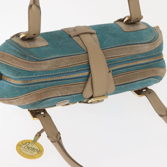 LOEWE 160th Anniversary Model Hand Bag Suede Turquoise Blue Gold Auth 146049