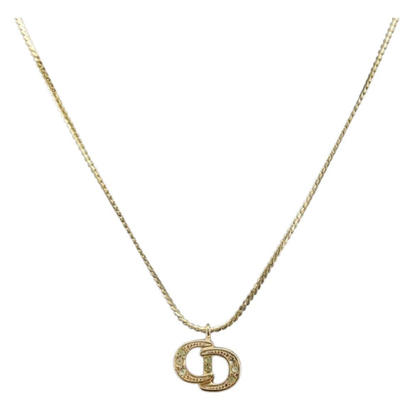 Christian Dior Rhinestone CD Logo Necklace metal Gold Tone Auth 146052