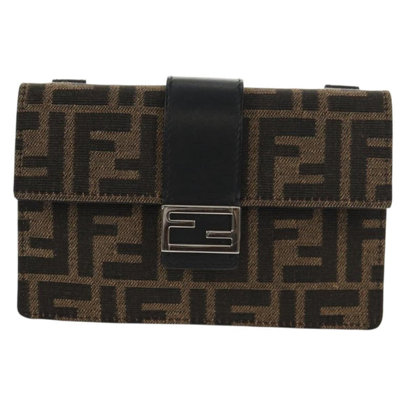 FENDI Zucca Canvas Baguette Shoulder Bag Black Brown Silver Auth 146069M