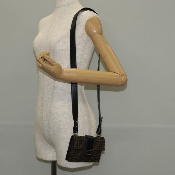 FENDI Zucca Canvas Baguette Shoulder Bag Black Brown Silver Auth 146069M