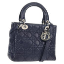 Christian Dior Lady Dior Canage Hand Bag Leather 2way Navy Silver Auth 146073M-1