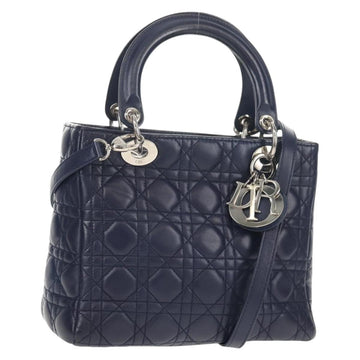 Christian Dior Lady Dior Canage Hand Bag Leather 2way Navy Silver Auth 146073M