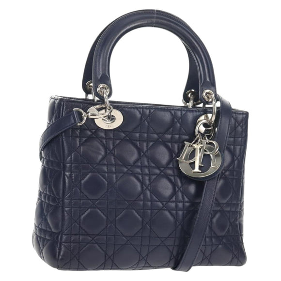 Christian Dior Lady Dior Canage Hand Bag Leather 2way Navy Silver Auth 146073M