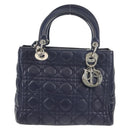 Christian Dior Lady Dior Canage Hand Bag Leather 2way Navy Silver Auth 146073M-13