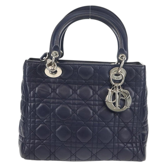 Christian Dior Lady Dior Canage Hand Bag Leather 2way Navy Silver Auth 146073M