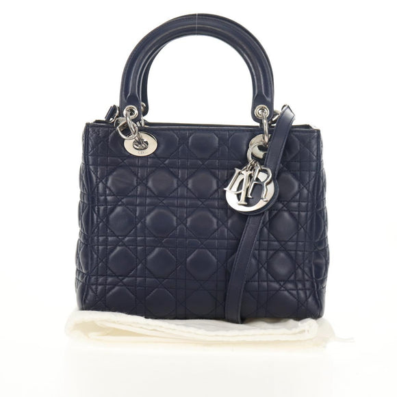 Christian Dior Lady Dior Canage Hand Bag Leather 2way Navy Silver Auth 146073M
