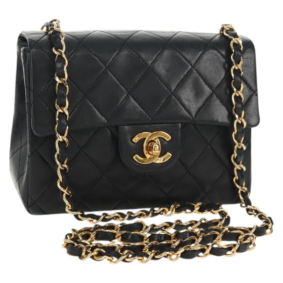 CHANEL Matelasse Chain Shoulder Bag Lamb Skin Black Gold CC Auth 146079SAV
