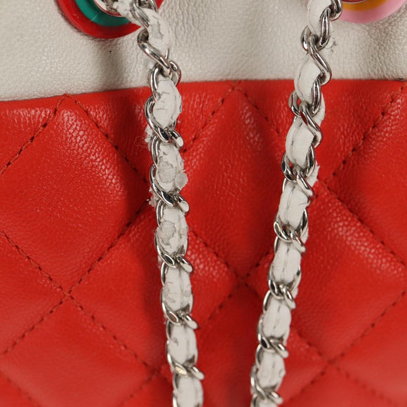 CHANEL Matelasse Chain Shoulder Bag Lamb Skin Orange Silver CC Auth 146081AM