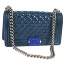 CHANEL Chain Boy Chanel Shoulder Bag Patent Blue Silver CC Auth 146082SAM-1