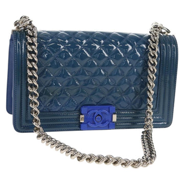 CHANEL Chain Boy Chanel Shoulder Bag Patent Blue Silver CC Auth 146082SAM