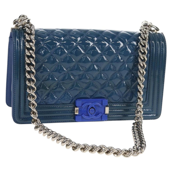 CHANEL Chain Boy Chanel Shoulder Bag Patent Blue Silver CC Auth 146082SAM