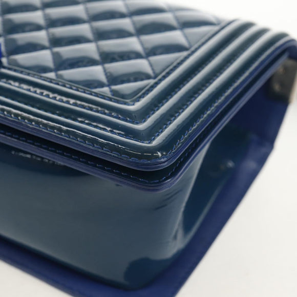 CHANEL Chain Boy Chanel Shoulder Bag Patent Blue Silver CC Auth 146082SAM