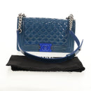 CHANEL Chain Boy Chanel Shoulder Bag Patent Blue Silver CC Auth 146082SAM-13