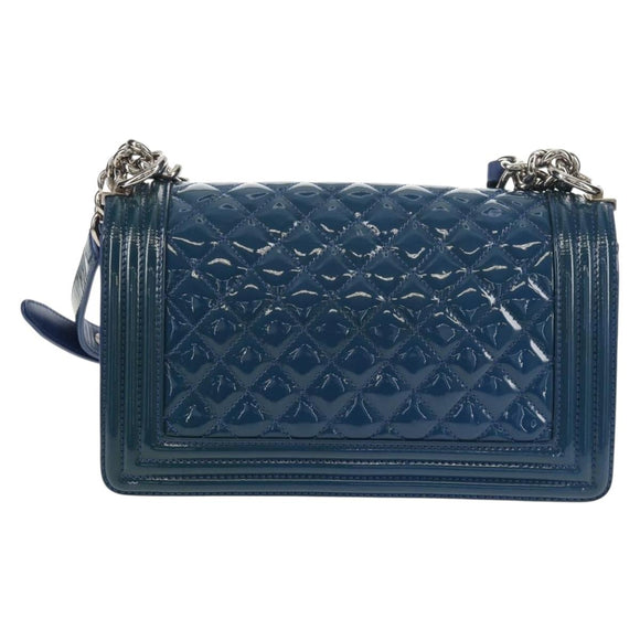 CHANEL Chain Boy Chanel Shoulder Bag Patent Blue Silver CC Auth 146082SAM