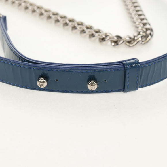 CHANEL Chain Boy Chanel Shoulder Bag Patent Blue Silver CC Auth 146082SAM