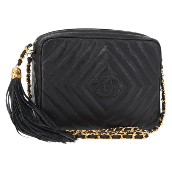 CHANEL Chain V Stitch Shoulder Bag Caviar Skin Black Gold CC Auth 146083AV
