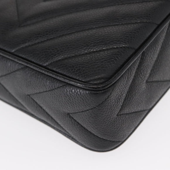 CHANEL Chain V Stitch Shoulder Bag Caviar Skin Black Gold CC Auth 146083AV