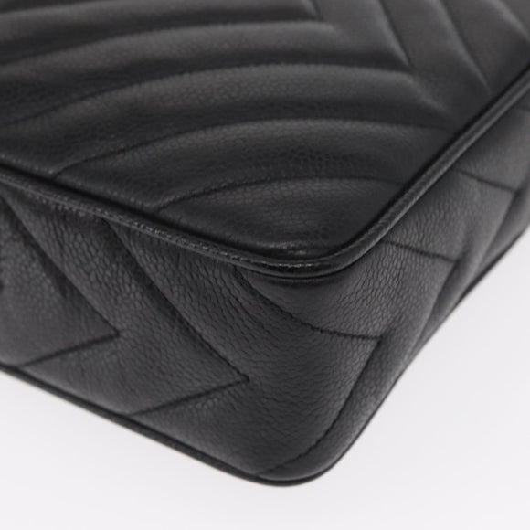 CHANEL Chain V Stitch Shoulder Bag Caviar Skin Black Gold CC Auth 146083AV