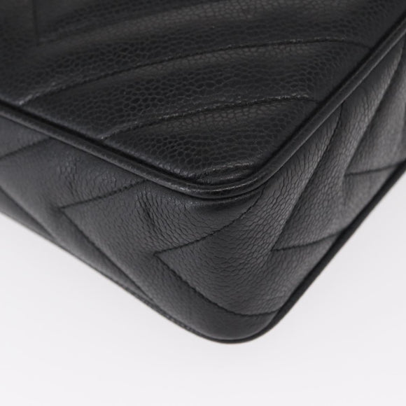 CHANEL Chain V Stitch Shoulder Bag Caviar Skin Black Gold CC Auth 146083AV