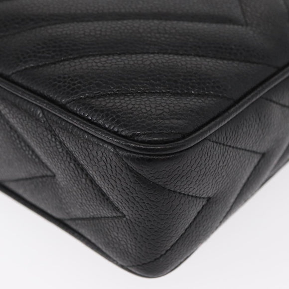 CHANEL Chain V Stitch Shoulder Bag Caviar Skin Black Gold CC Auth 146083AV