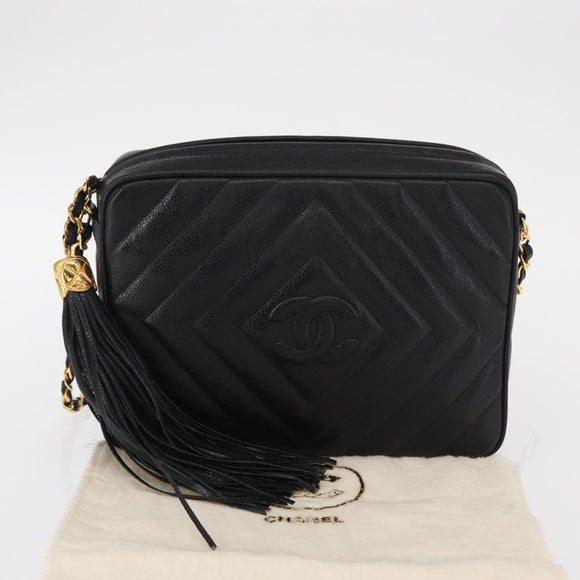 CHANEL Chain V Stitch Shoulder Bag Caviar Skin Black Gold CC Auth 146083AV