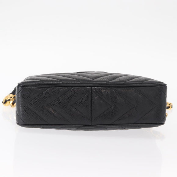 CHANEL Chain V Stitch Shoulder Bag Caviar Skin Black Gold CC Auth 146083AV