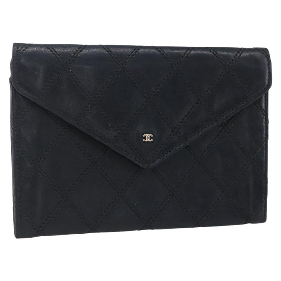 CHANEL Bicolore Wallet Lamb Skin Black CC Auth 146093