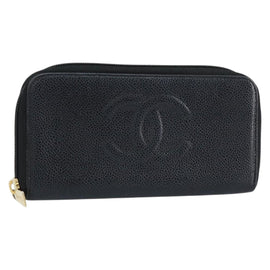 CHANEL Long Wallet Caviar Skin Black Gold CC Auth 146094