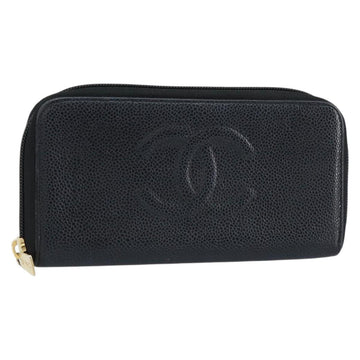 CHANEL Long Wallet Caviar Skin Black Gold CC Auth 146094