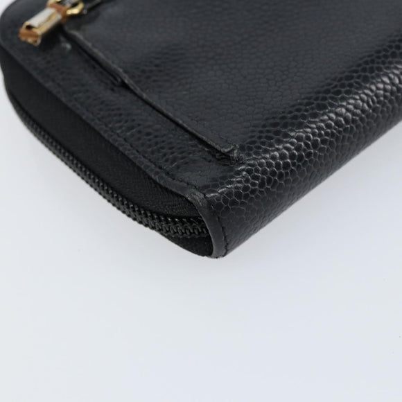 CHANEL Long Wallet Caviar Skin Black Gold CC Auth 146094