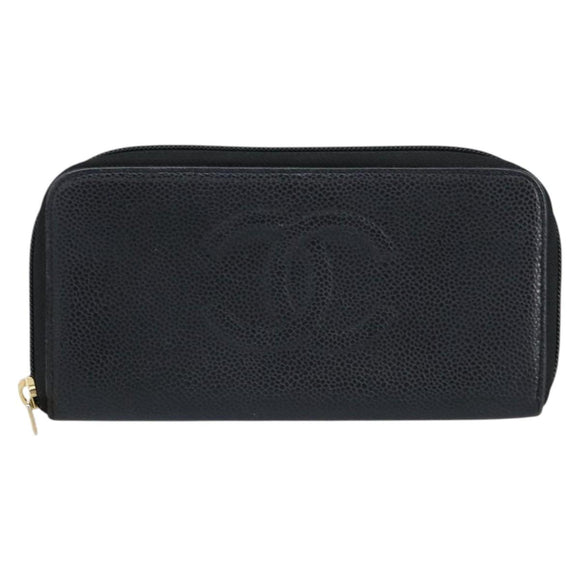 CHANEL Long Wallet Caviar Skin Black Gold CC Auth 146094