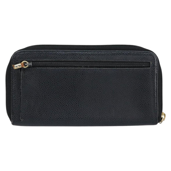 CHANEL Long Wallet Caviar Skin Black Gold CC Auth 146094