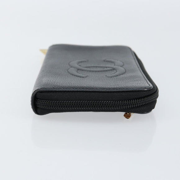 CHANEL Long Wallet Caviar Skin Black Gold CC Auth 146094