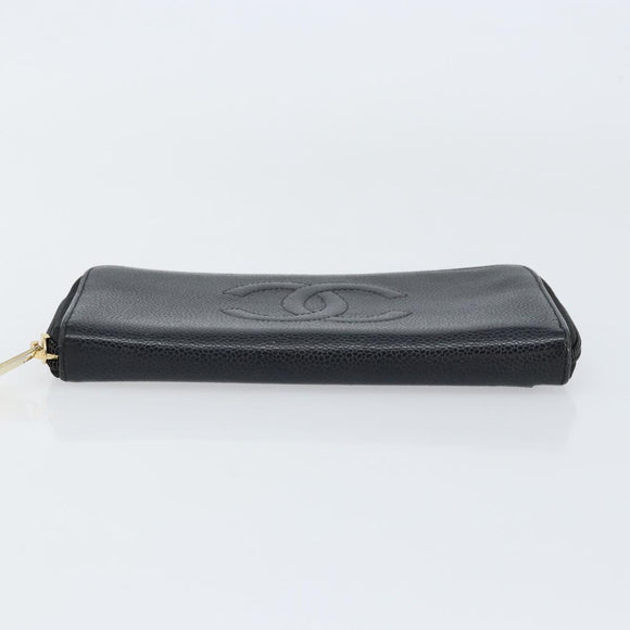 CHANEL Long Wallet Caviar Skin Black Gold CC Auth 146094