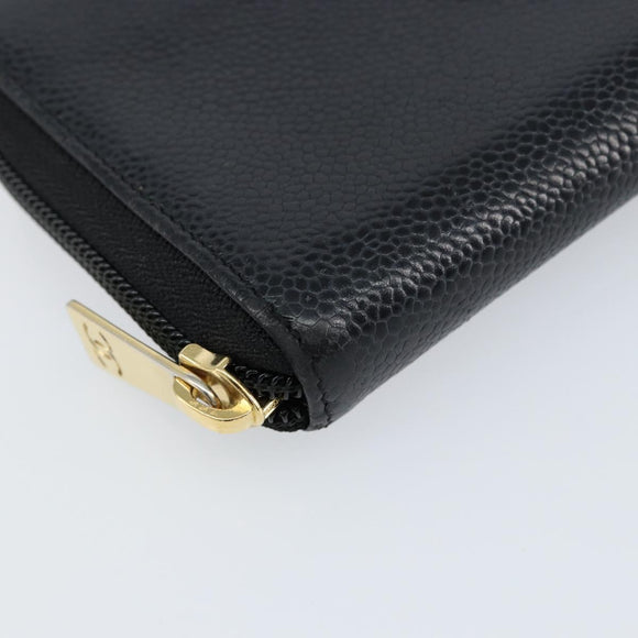 CHANEL Long Wallet Caviar Skin Black Gold CC Auth 146094
