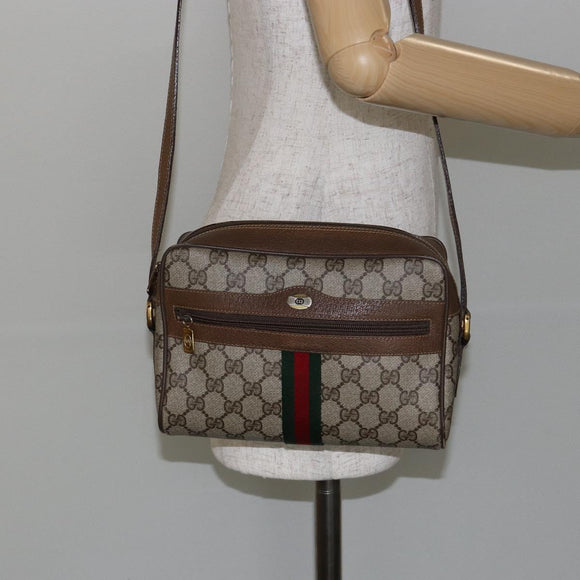 GUCCI GG Canvas Web Sherry Line Shoulder Bag PVC Leather Beige Red Auth 146142