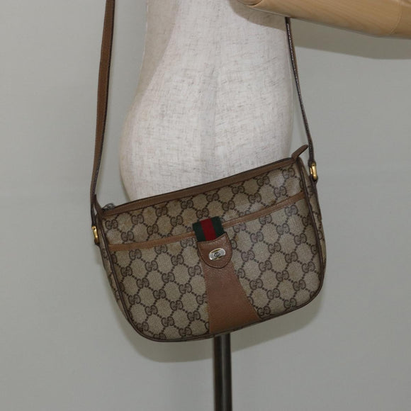 GUCCI GG Canvas Web Sherry Line Shoulder Bag PVC Leather Beige Red Auth 146143