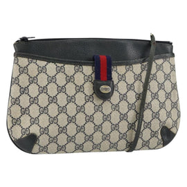 GUCCI GG Canvas Sherry Line Shoulder Bag PVC Leather Navy Red Auth 146144