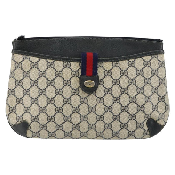 GUCCI GG Canvas Sherry Line Shoulder Bag PVC Leather Navy Red Auth 146144