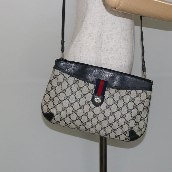 GUCCI GG Canvas Sherry Line Shoulder Bag PVC Leather Navy Red Auth 146144