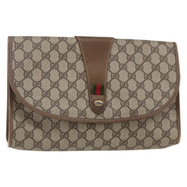 GUCCI GG Supreme Web Sherry Line Clutch Bag PVC Leather Beige Red Auth 146147