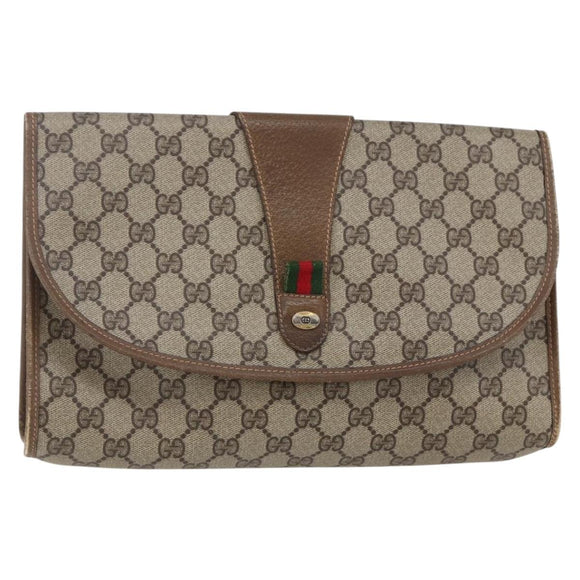 GUCCI GG Supreme Web Sherry Line Clutch Bag PVC Leather Beige Red Auth 146147