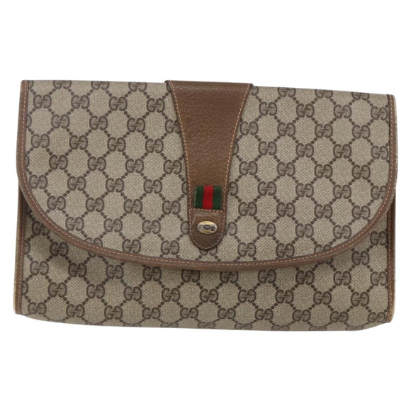 GUCCI GG Supreme Web Sherry Line Clutch Bag PVC Leather Beige Red Auth 146147