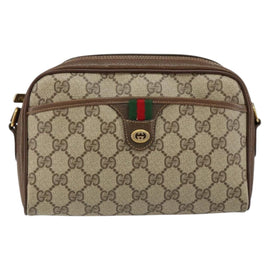 GUCCI GG Canvas Web Sherry Line Shoulder Bag PVC Leather Beige Red Auth 146150 - 0