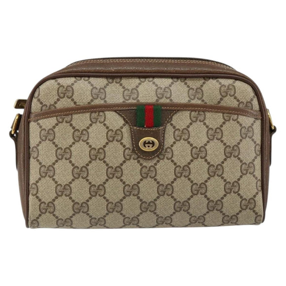 GUCCI GG Canvas Web Sherry Line Shoulder Bag PVC Leather Beige Red Auth 146150