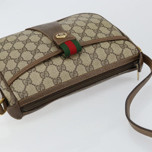 GUCCI GG Canvas Web Sherry Line Shoulder Bag PVC Leather Beige Red Auth 146151